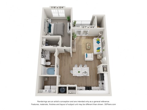 Floor plan for 1 bed, 1 bath, 789 sqft